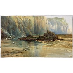 Reginald Smith (British 1855-1925): Seagulls on the Shore beneath Rocky Cliffs, watercolour signed 42cm x 73cm (unframed)