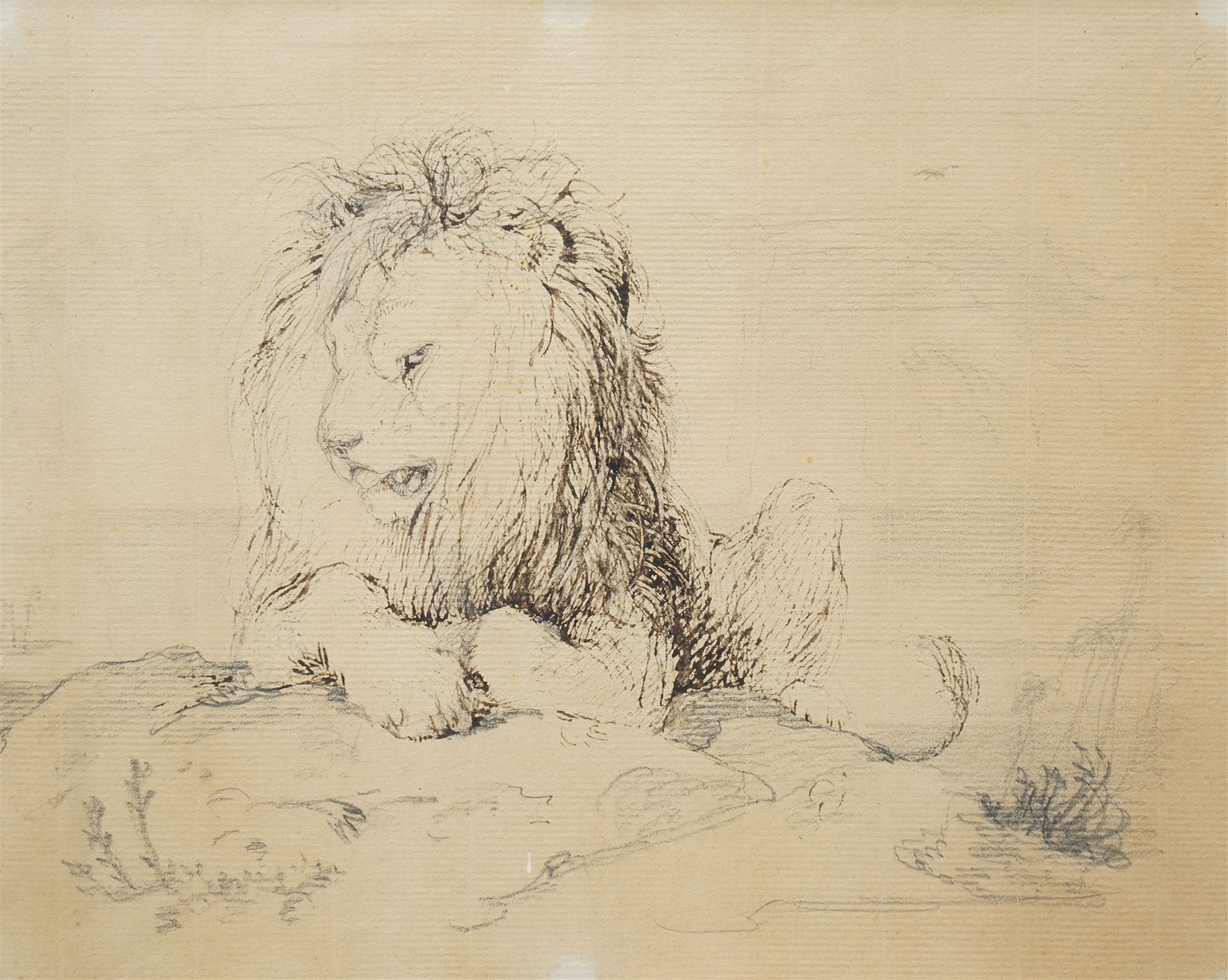 Sir Edwin Henry Landseer RA (British 1802-1873): Preliminary Sketch for the Lions at Trafalgar Square, ink and pencil on laid paper signed with initials 'EL' 20cm x 25cm