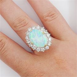 18ct gold and palladium opal and round brilliant cut diamond cluster ring, opal approx 1.35 carat, total diamond weight approx 1.15 carat