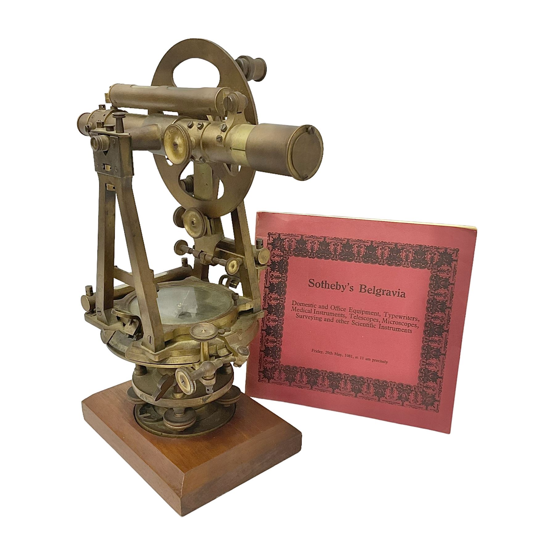 19th century brass transit theodolite by Troughton & Simms, the sighting telescope with rack and pinion focusing, above an inset compass, upon four levelling feet and a rectangular wooden base, including base H35.5cm