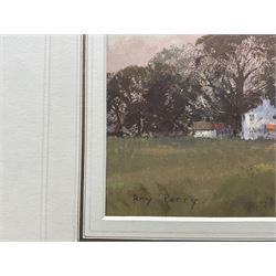 Roy Perry (British 1935-1993): 'Towards Boston Stump, Lincs', oil on card signed, titled verso 25cm x 38cm (unframed)