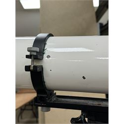 Tal-100R refractor telescope, the objective lens with dark purple coating and cylinder mounted with 6mm x 30mm finder scope, upon a pillar mount with right ascension clock drive, height when mounted H168cm, aperture 10cm, focal length 100cm 