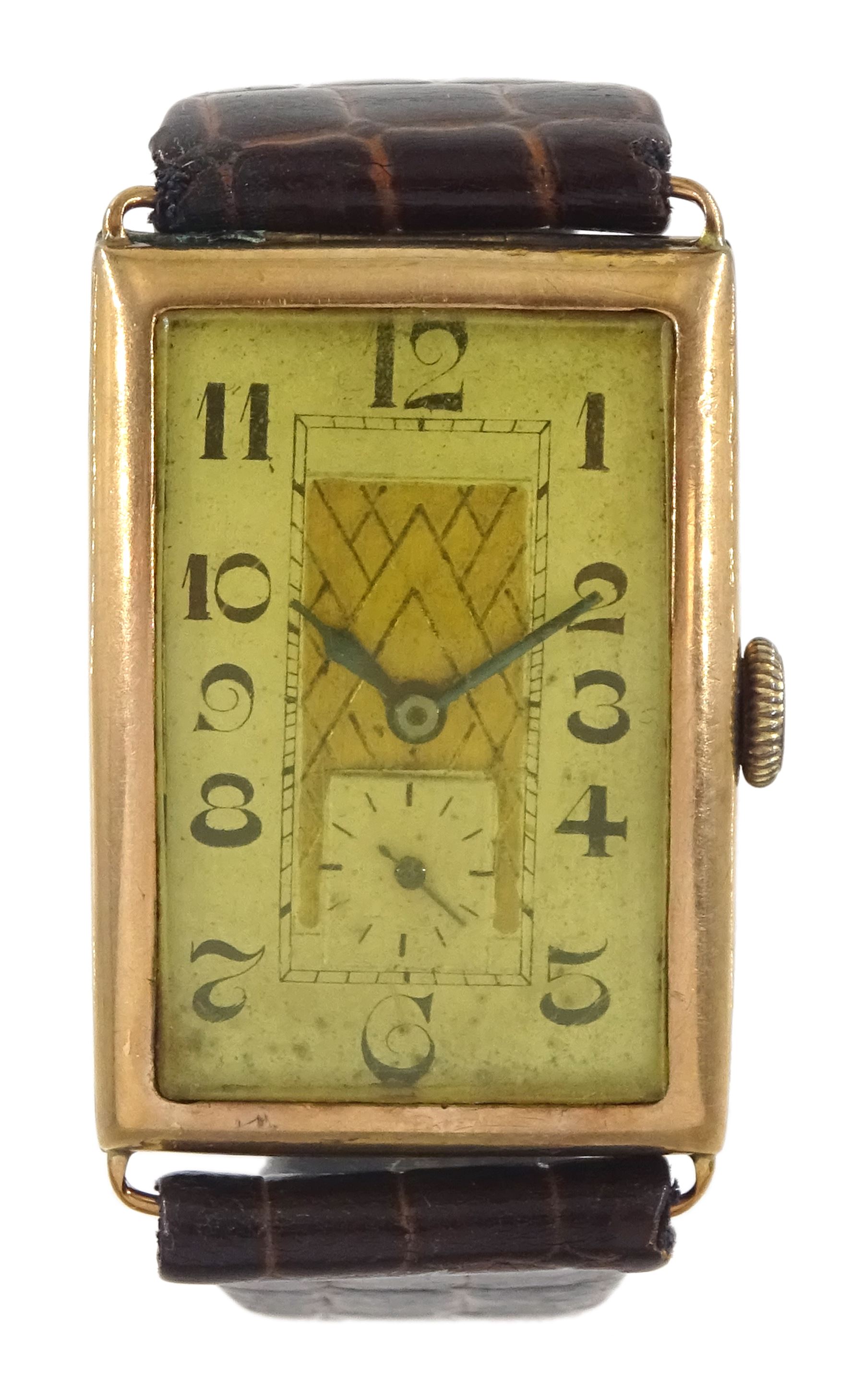 Art Deco 9ct gold gentleman's rectangular manual wind wristwatch, silvered dial with Arabic numerals, central gilt abstract panel and subsidiary seconds dial, case by Sylvain Dreyfus, Glasgow import mark 1928