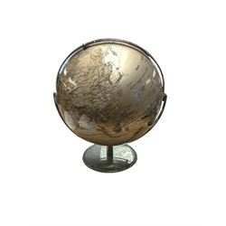 World globe, with red and black writing on a silvered ground, H50cm