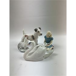 Three Royal Copenhagen figures, Terrier No1998, Swan No755, and Cockerel No1126, together with a Royal Worcester figure, Alice HN2158