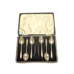 Cased set of six silver coffee spoons and a pair of sugar tongs, hallmarked 