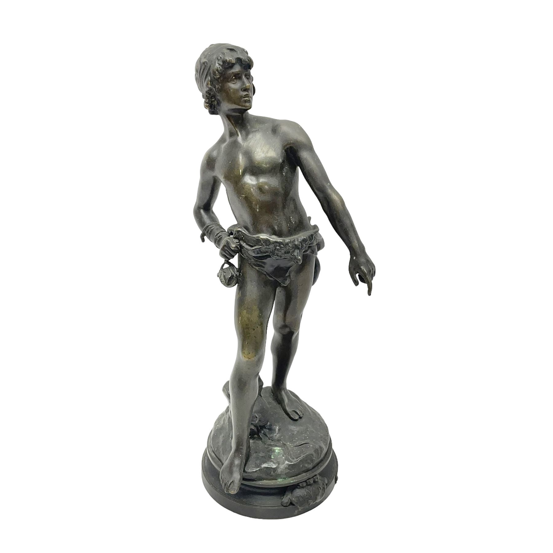 After Auguste Moreau, bronzed figure of David, with plaque inscribed 'Prix de Mr Le Perfet de Police Roques', H35cm 