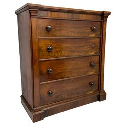 Victorian mahogany straight fronted chest, fitted with four drawers enclosing by square upright pilasters, on stepped chamfered plinth base