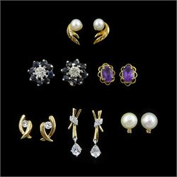 Pair of 14ct gold pearl and diamond stud earrings and five pairs of 9ct gold stud earrings...