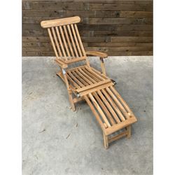 Pair of solid teak adjustable garden steamer armchairs, stainless brackets, with cushions