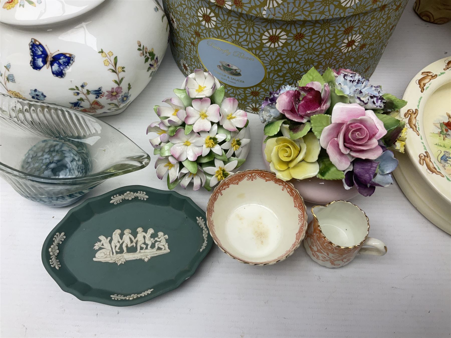 Royal Doulton Bunnykins nursery bowl, Fieldings elephant figure, Wedgwood Butterfly Bloom tea cup and saucer, boxed together with a Royal Doulton floral display, similar Royal Adderley example and other ceramics 