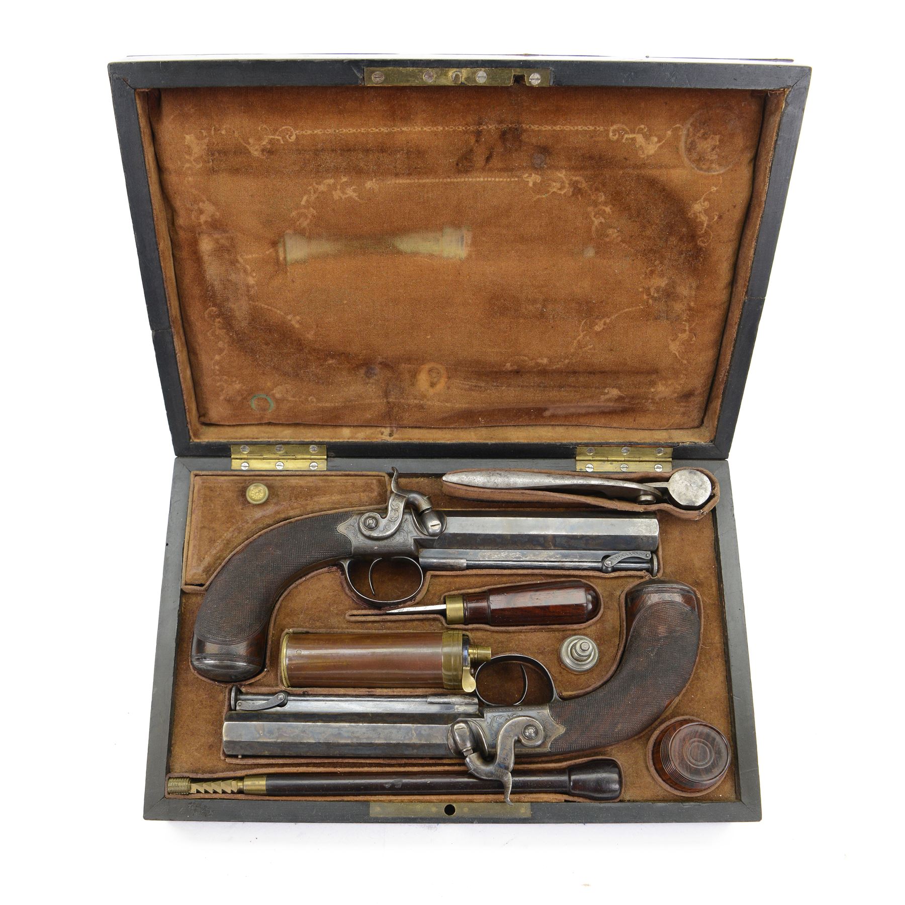 Pair of English officer's percussion cap belt pistols, cased, circa 1840, by Charles and Henry Egg, with 15 bore octagonal barrels engraved C & H Egg to the top, chequered walnut grip, swivel ramrods beneath, in a brown velvet lined fitted burr walnut case, with all accessories, including powder flask, bullet mould, key etc
Charles and Henry Egg were the sons of Joseph Egg, successor to Joseph Manton & Son of London 
This item has been registered for sale under Section 10 of the APHA Ivory Act 