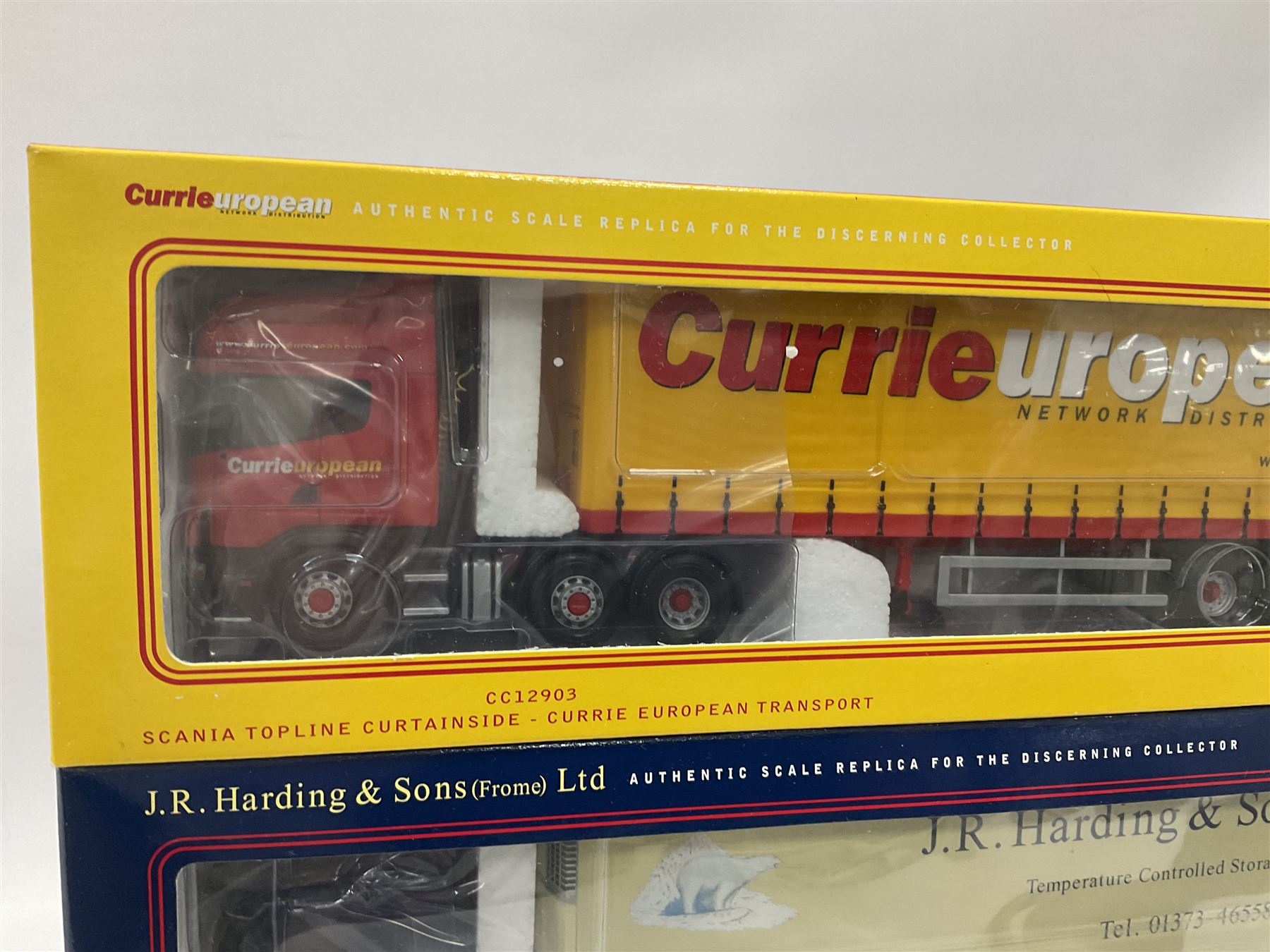 Corgi - three limited edition 1:50 scale heavy haulage vehicles comprising CC13403 MAN TGA Curtainside Ken Thomas Ltd.; CC12215 Scania 4 Series Fridge Trailer J.R. Harding & Sons (Frome) Ltd.; and CC12903 Scania Topline Curtainside Currie European Transport; all boxed (3)