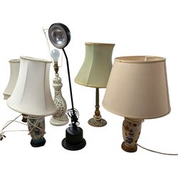 Six table lamps, to include ceramic examples with fabric shades, tallest H45cm