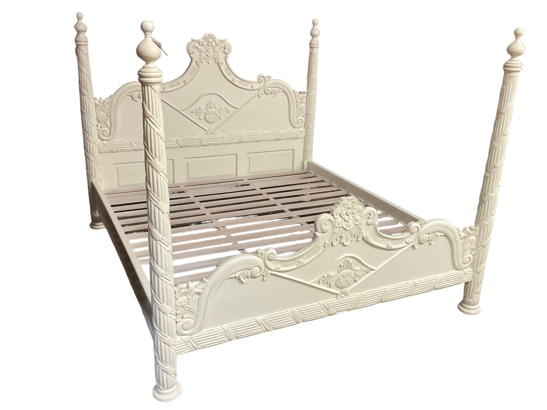 French design white finish 6' Super Kingsize four poster bed, shaped head and footboards decorated with flower heads and scrolled foliage, finialed reed moulded upright posts with intertwined ribbon