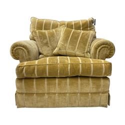 Duresta England - armchair, upholstered in pale gold fabric, traditional shape with rolled arms