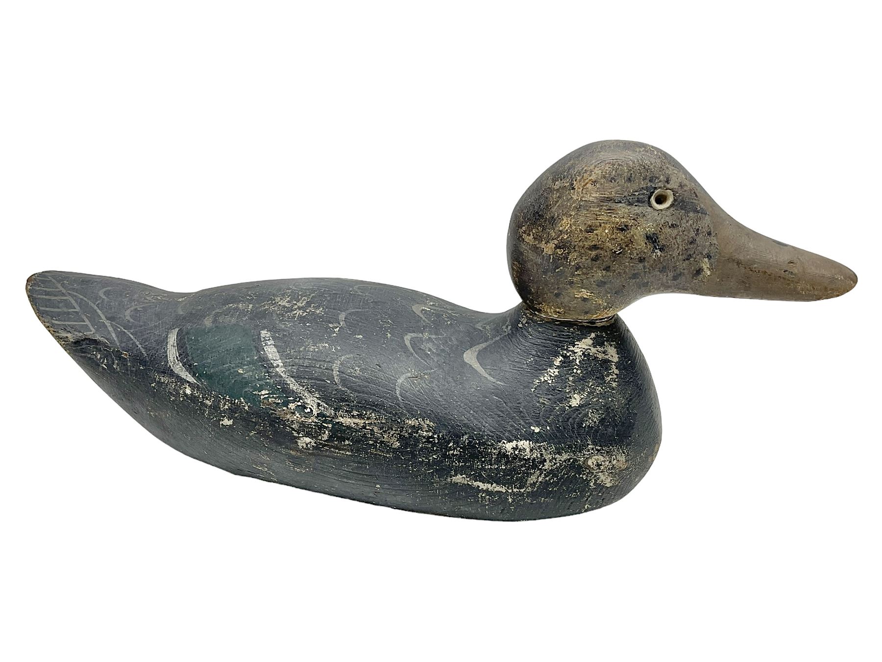 Early 20th century American carved wooden decoy duck, with weight beneath marked CJ Raymond Lead Co Chicago, Ill, H18cm, L38cm 