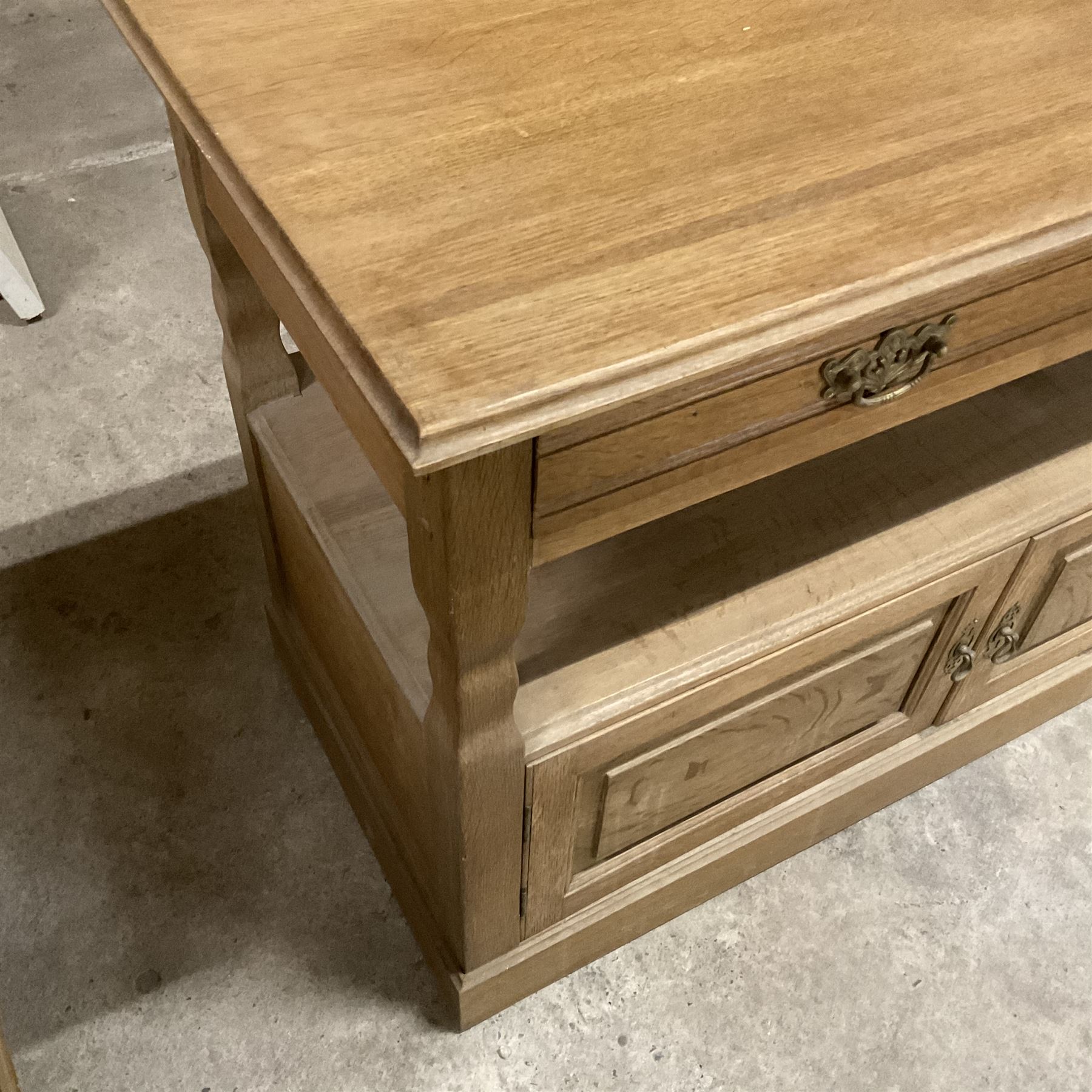 Late Victorian oak buffet stand, moulded rectangular top over under-tier and double cupboard, enclosed by panelled doors, on skirted base - THIS LOT IS TO BE COLLECTED BY APPOINTMENT FROM THE OLD BUFFER DEPOT, MELBOURNE PLACE, SOWERBY, THIRSK, YO7 1QY