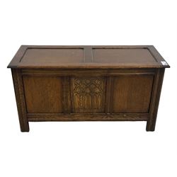 17th century design oak blanket chest, panelled hinged lid over panelled front, moulded frame, on stile supports