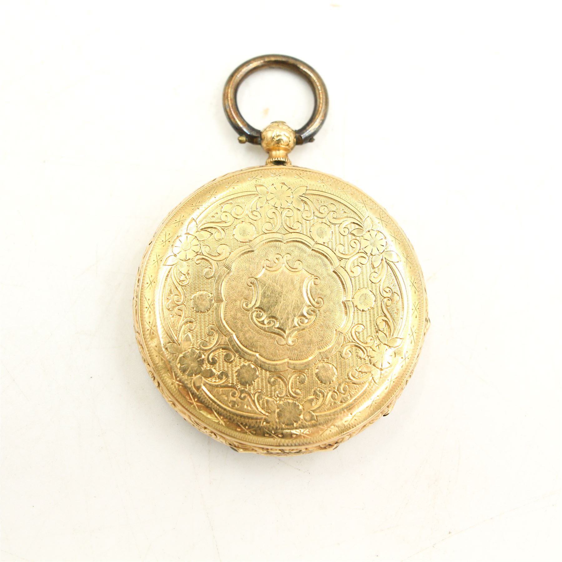 Early 20th century 18ct gold open face key wound cylinder pocket watch, gilt dial with Roman numerals, case with ornate decoration and cartouche, stamped 18K, together with a Victorian silver cased open faced pocket watch