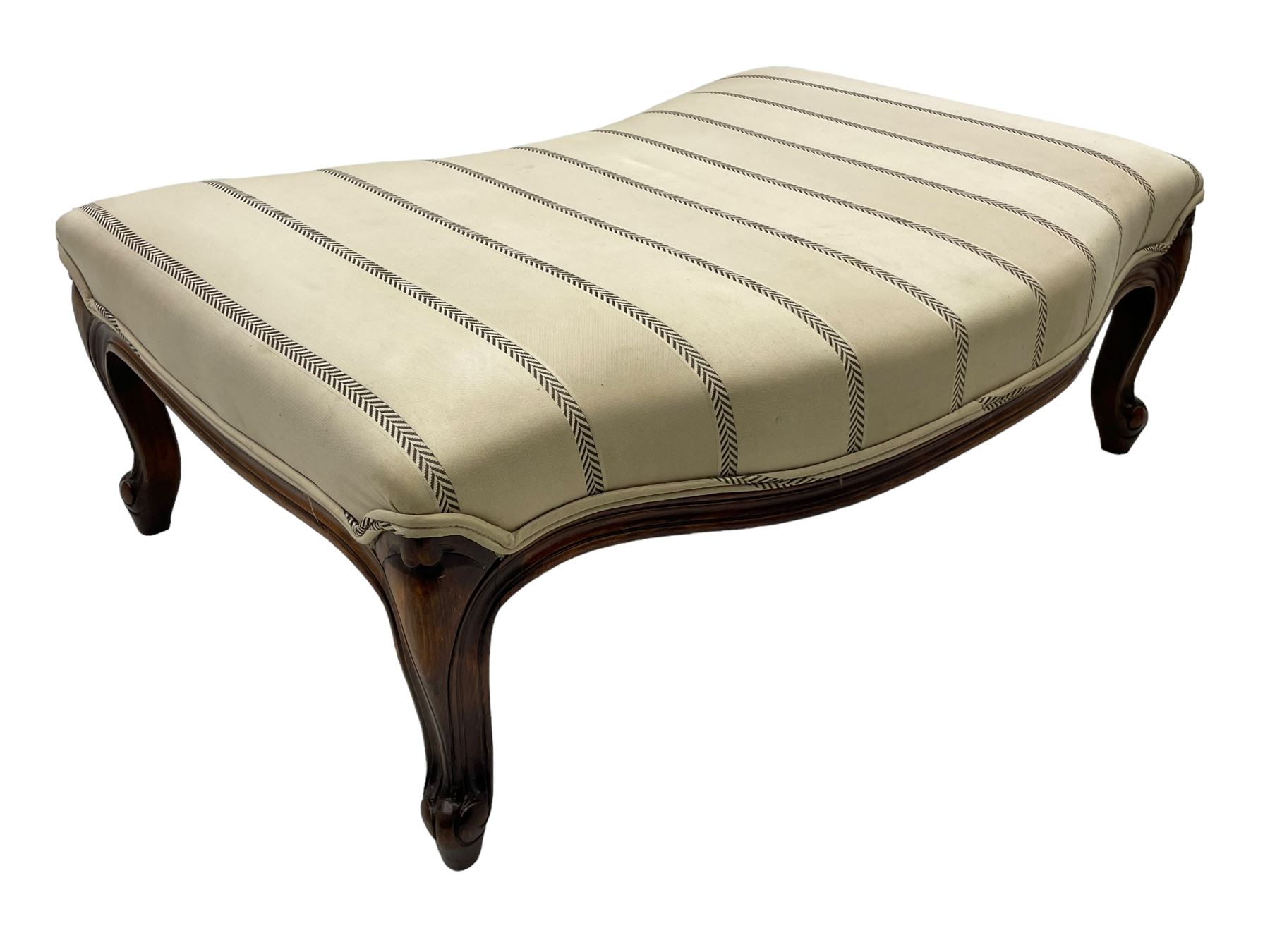 Pair of French design stained beech footstools, shaped form upholstered in pale fabric with herringbone stripe, on cabriole feet with scroll carved terminals 