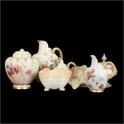 Royal Worcester Blush Ivory, three graduation flat back jugs, bowl in the form of a shell, covered jar etc (8)