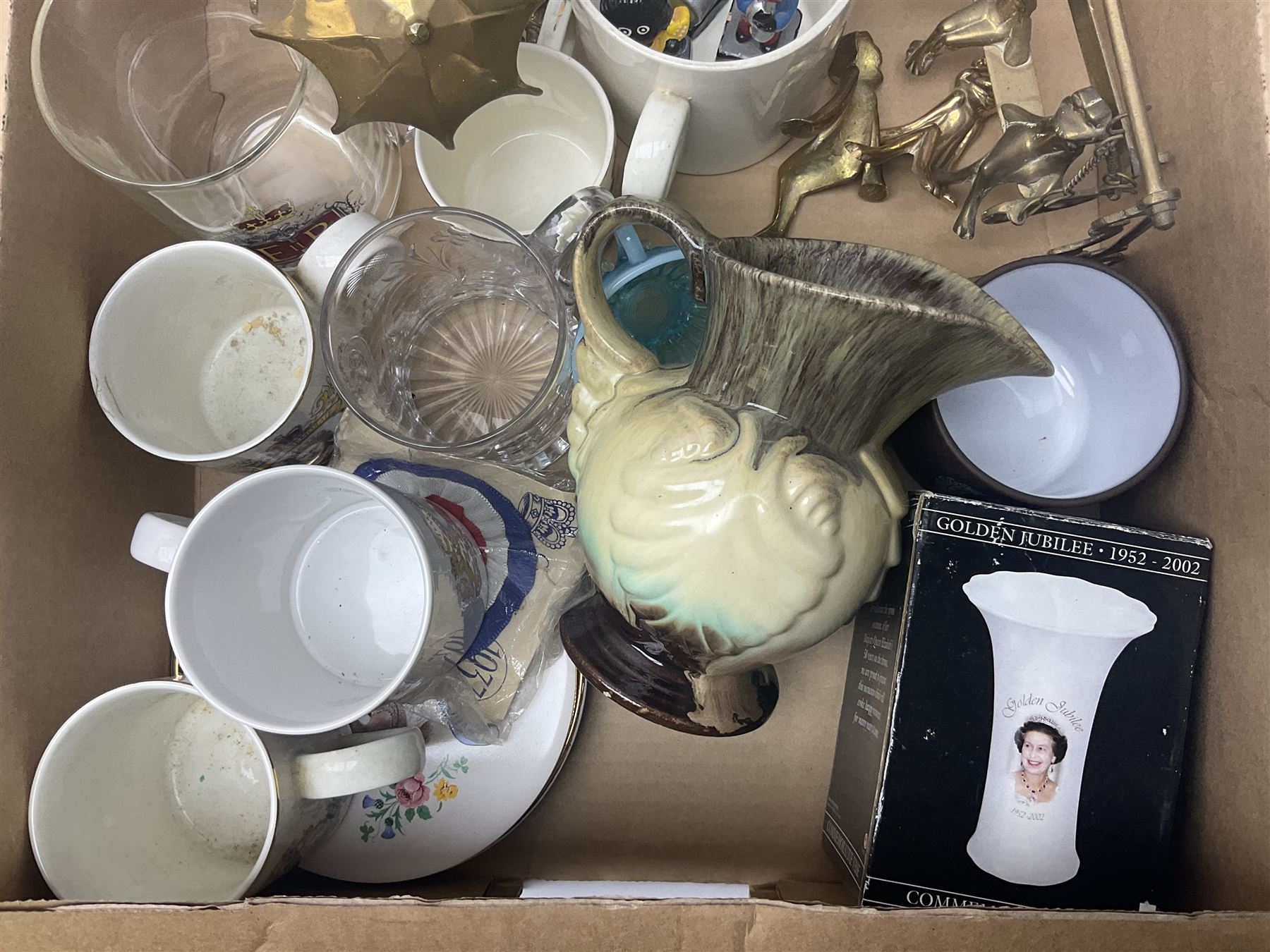 Commemorative ware, including mugs, shots glasses, plates and book etc, together with a ceramic shire horse and wooden cart, four Leonardo blue and white tea pots, and a collection of other ceramics and glassware, in three boxes 