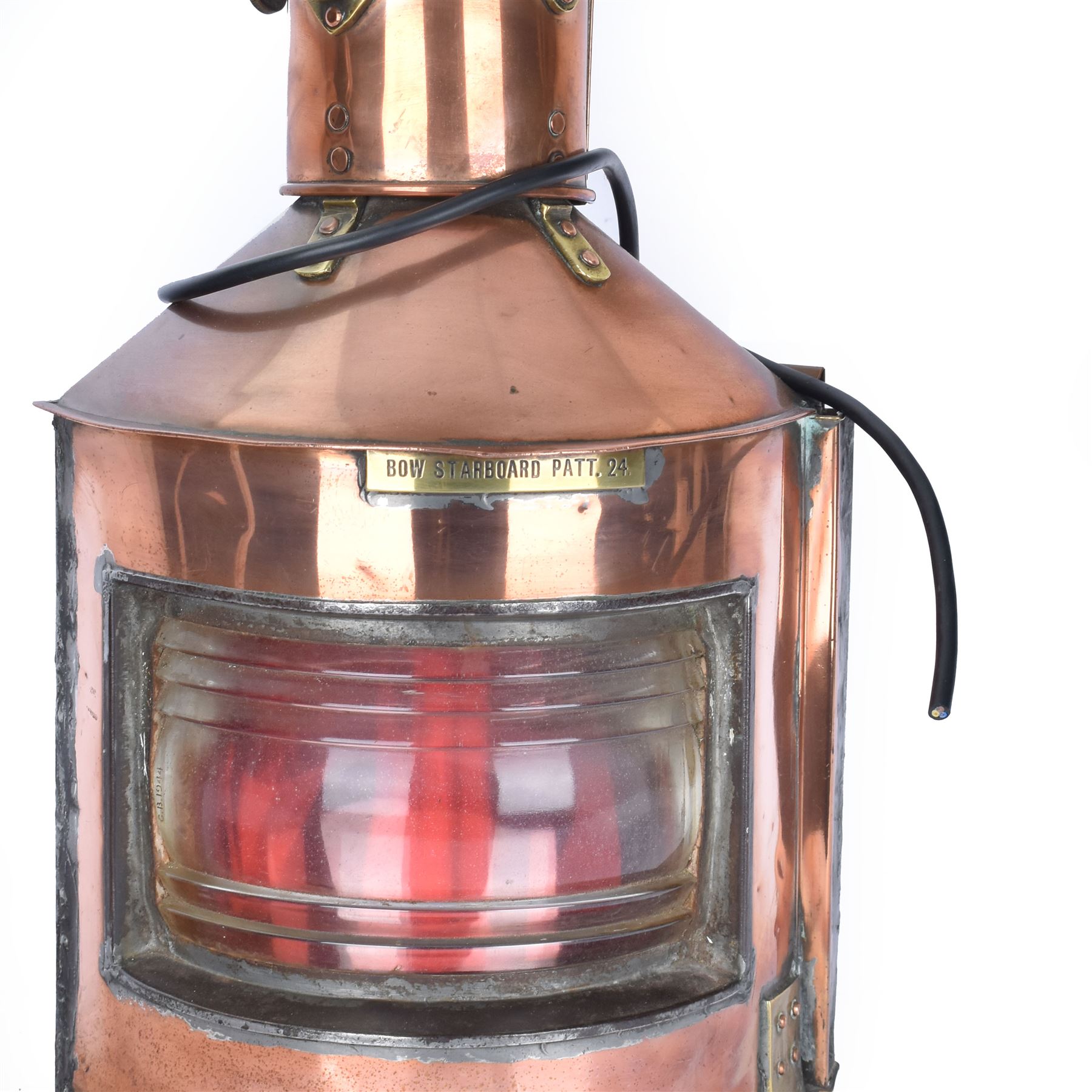 1940s copper and brass ship's corner lamp, converted to electricity, with applied plaque inscribed bow starboard patt.24, dated 1944, including handle H46cm 