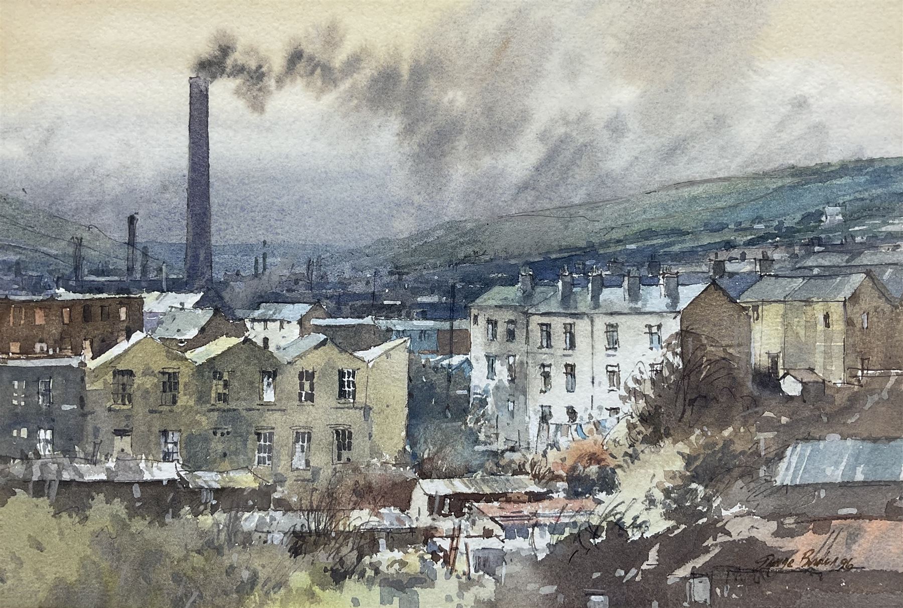 George Busby (British 1926-2005): 'Cold Light' - Mill Town Landscape, watercolour signed and dated '96, titled verso 19cm x 28cm