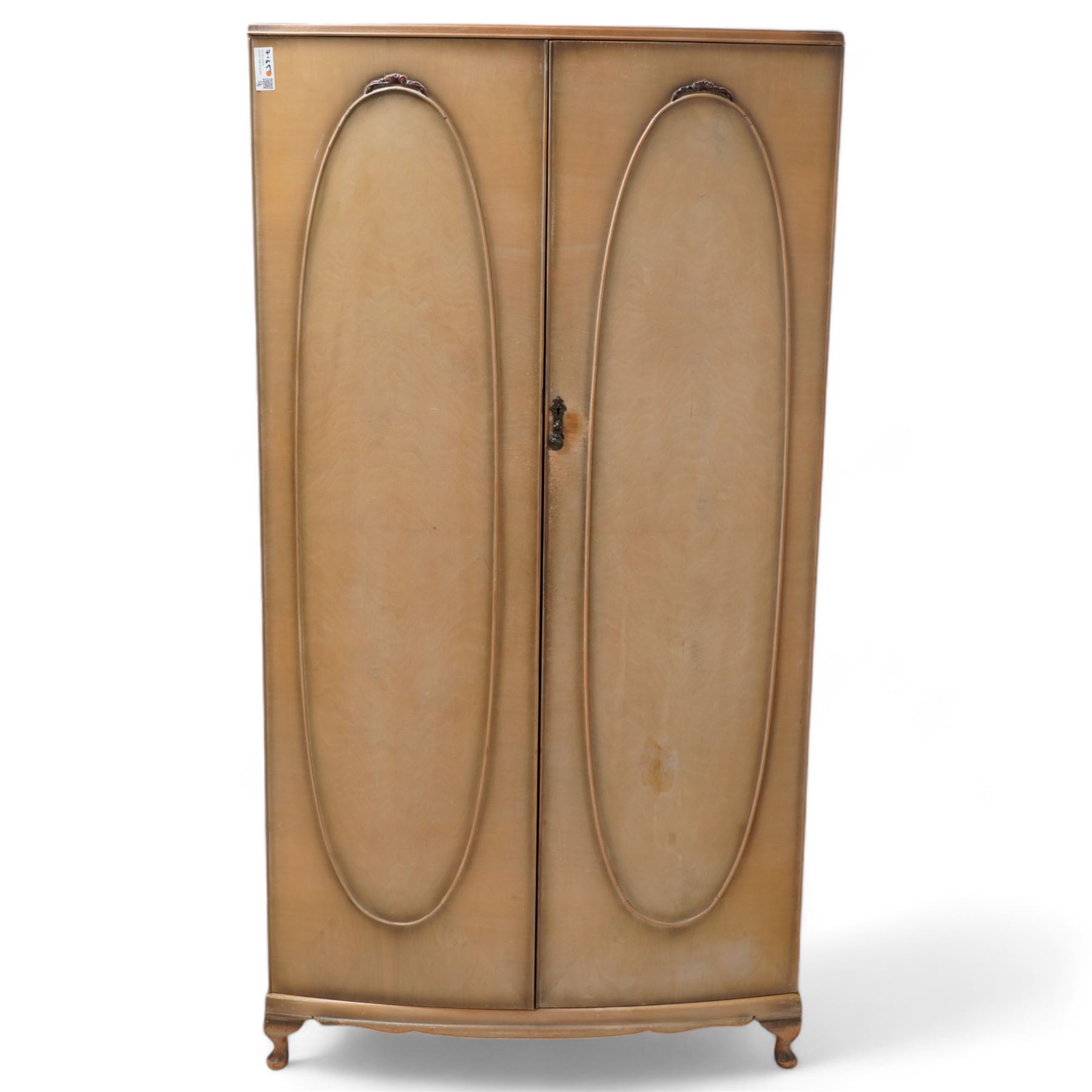 Early 20th century bleached walnut bedroom suite - large double wardrobe (W123cm, H189cm, D64cm); smaller double wardrobe (W92cm, H177cm, D55cm); dressing table (W116cm, H153cm, D61cm); and bedside (W37cm, H69cm, D33cm), with stool 