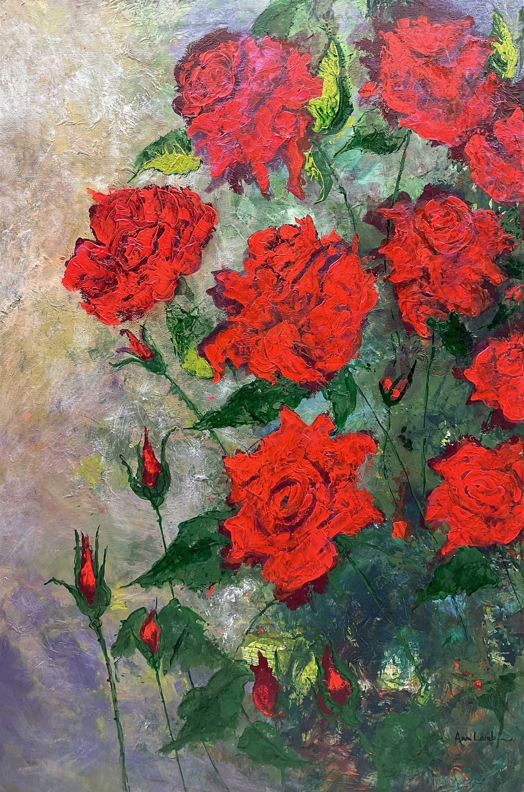 Ann Lamb (British 1955-): Ruby Roses, mixed media on canvas signed 76cm x 51cm 