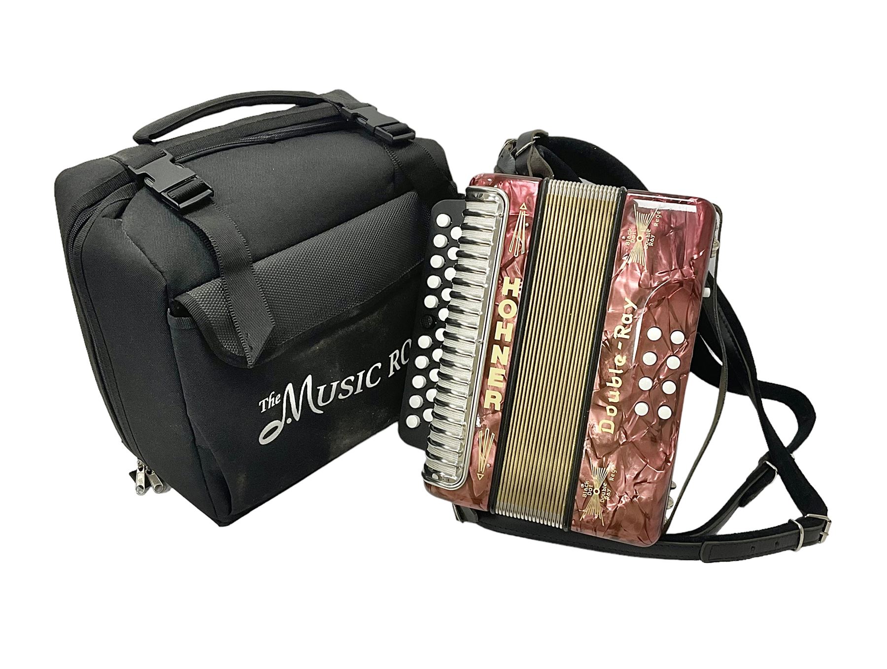 Hohner Double Ray black dot button melodeon in B/C; modern Irish style with eight bass and twenty-one treble buttons and double strap, with soft carrying case