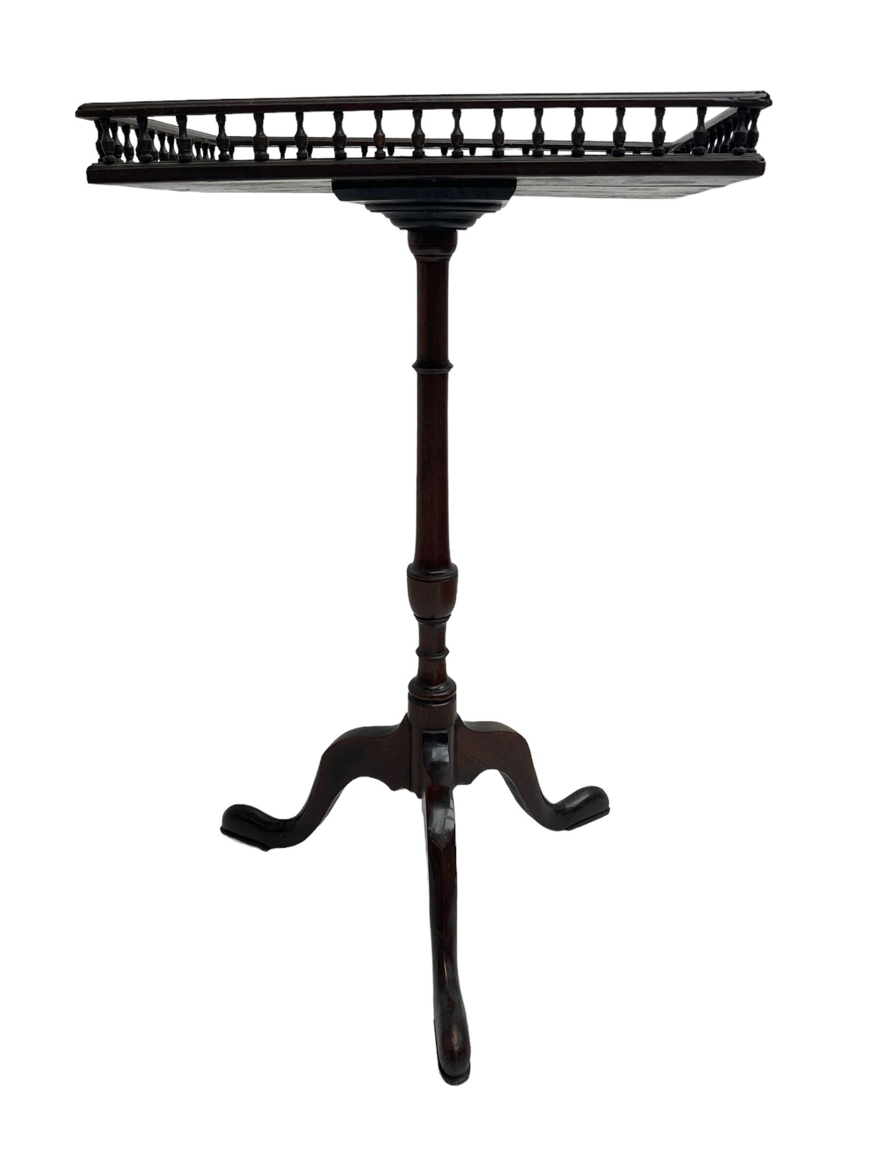 George III mahogany tripod table, rectangular galleried top on turned stem, three splayed supports