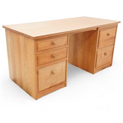 Treske - light ash twin pedestal desk, rectangular top over five drawers 