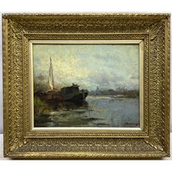 Hendrik Frauenfelder (Dutch 1885-1922): Barges on the Riverside, oil on panel signed, indistinctly inscribed verso 20cm x 25cm