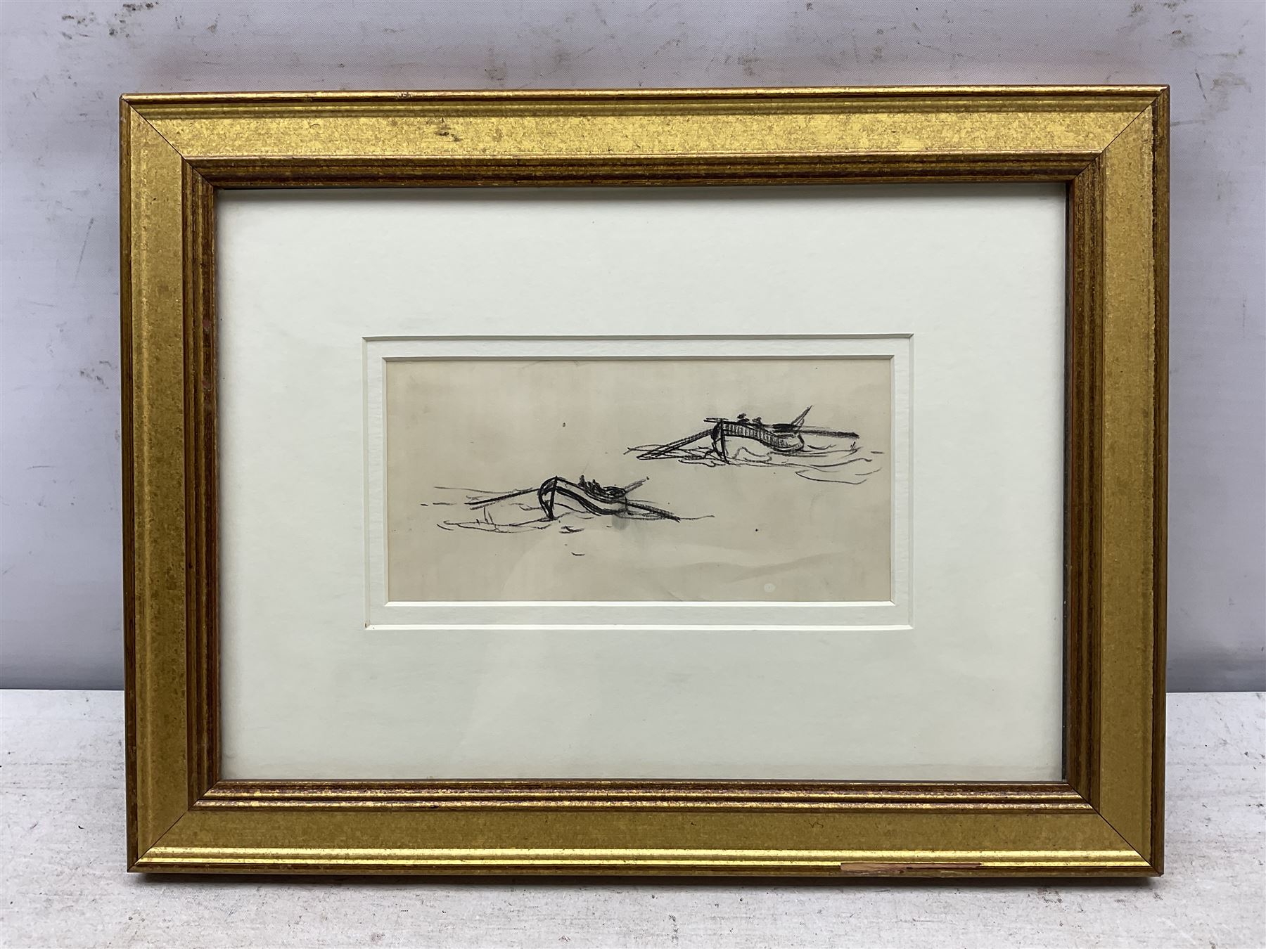 Joseph Richard Bagshawe (Staithes Group 1870-1909): Rowing Boats at Sea, charcoal sketch unsigned 8cm x 17cm 
Provenance: with Pybus Fine Arts, Whitby 2002, from one of the artist's sketchbooks, label verso