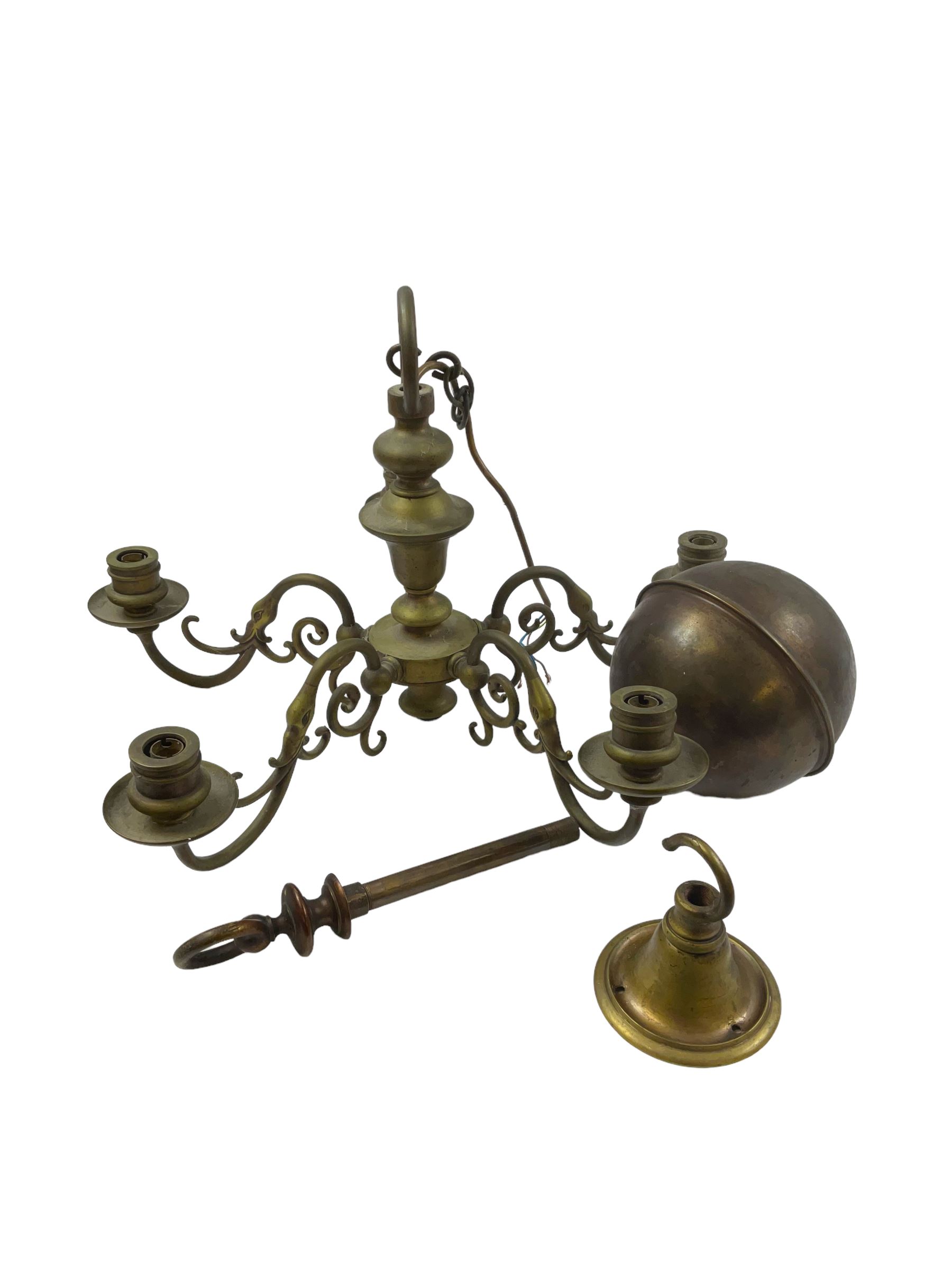 Dutch style metal chandelier, with five arms, approximately W50cm, together with a four Dutch style twin branch wall sconces, H22cm W32cm