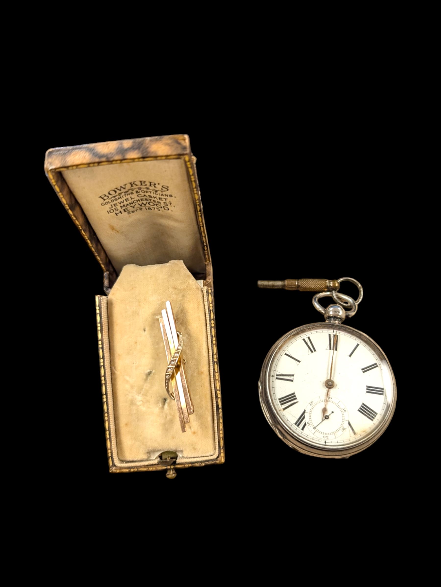 Early 20th century 9ct gold seed pearl brooch and a Victorian silver open face pocket watch by Waltham Mass, Birmingham 1887