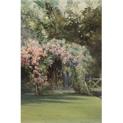 Robert E Groves (British ?-1944): Pink Blossom in the Garden, watercolour signed and dated 1926, 36cm x 25cm 