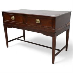 19th century converted square piano side table, rectangular moulded top over two drawers, on square tapering supports united by plain H-stretchers 