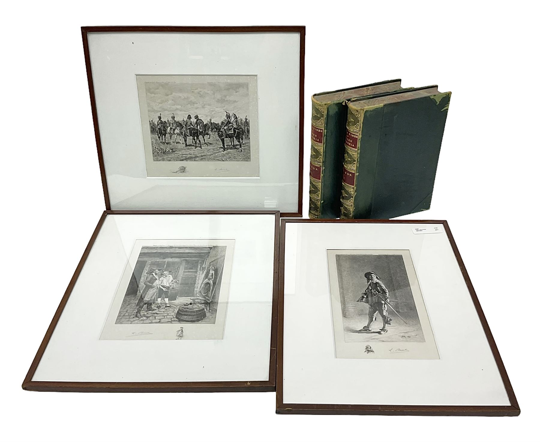 Three L Ruet etchings, together with two volumes of The Life and Times of Queen Victoria by Wilson 