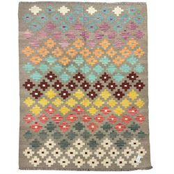 Anatolian Turkish kilim, light grey ground and decorated with multi-coloured geometric star motifs