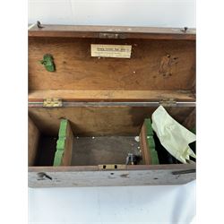 19th century mahogany surveyors compass, with silvered dial, upon a mahogany tripod, together with a surveyors dumpy level, in fitted mahogany box, compass on tripod H110cm