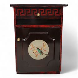 Set of three late 20th century Chinese design black lacquered bedside cabinets, fitted with single drawer with raised Greek key band, single cupboard below decorated with bird on floral branch 