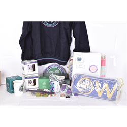 Collection of Wimbledon tennis memorabilia, including towels, programs, mugs, t-shirt, keyrings, ephemera etc