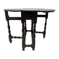 17th century oak table, oval drop-leaf top on gate-leg action base, turned supports united by turned stretchers 