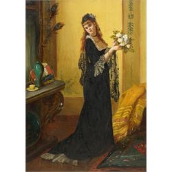 French School (Early 20th century): Interior Scene with an Elegant Lady in a Black Lace Dress holding a Bouquet of White Roses, oil on canvas unsigned 34cm x 24cm