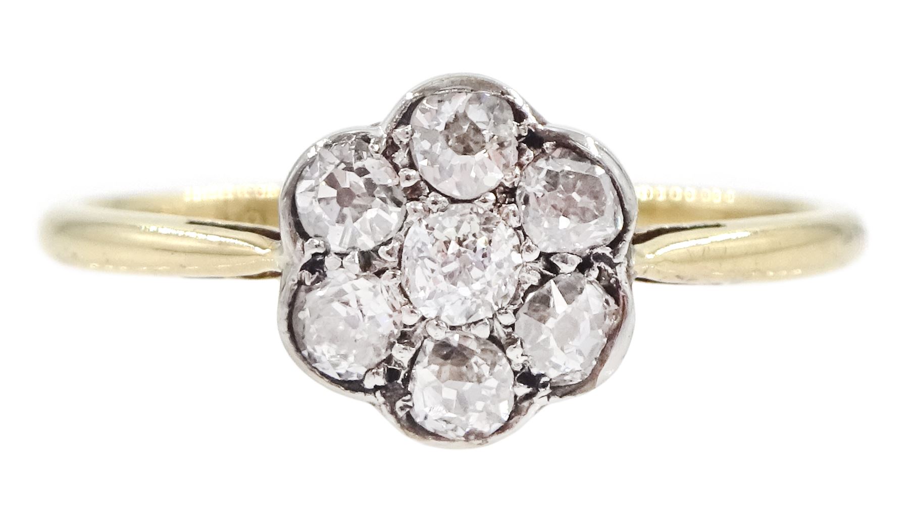 Early 20th century gold old cut diamond daisy flower head cluster ring, stamped 18ct PT, total diamond wight appro 0.35 carat