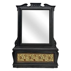 Late Victorian cast iron overmantel mirror, with a scrolled and pedimented top, bevelled r...