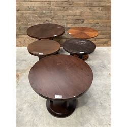 Circular walnut occasional table and four other circular tables